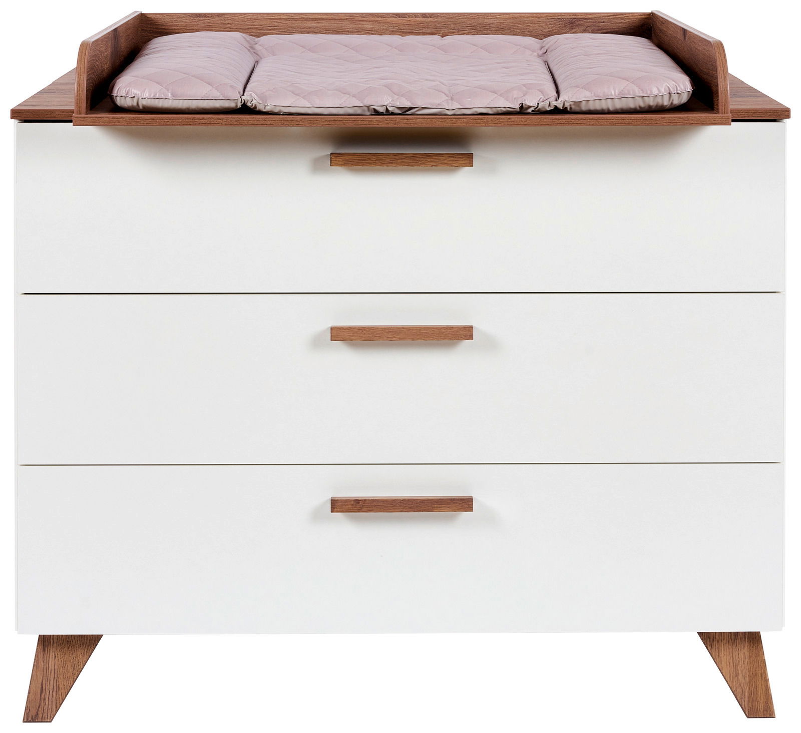 Wickelkommode mit drei Schubladen, weiß mit Holzgriffen und Wickelauflage, Frontalansicht