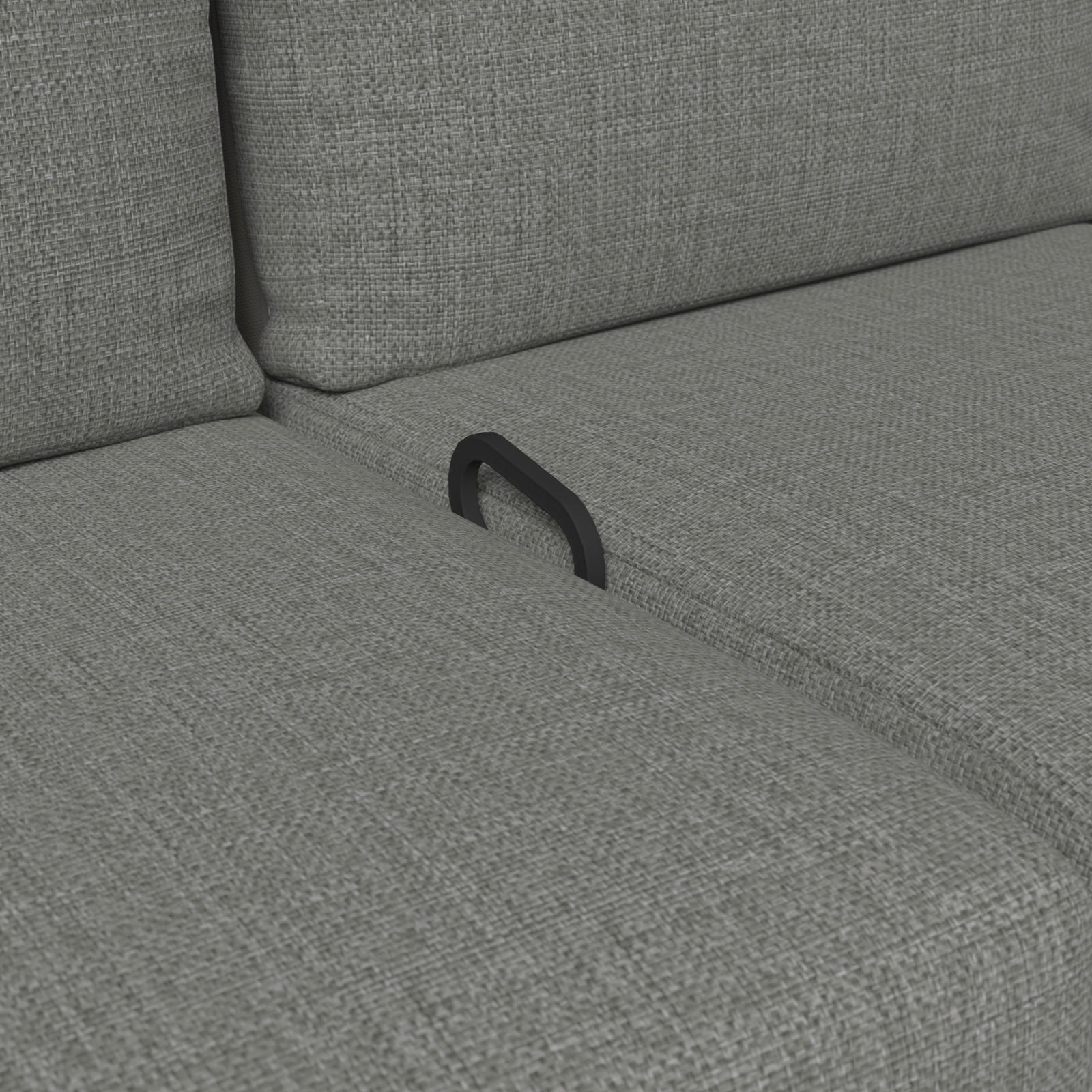 Nahaufnahme einer grauen Gartenbank mit Textilbezug, Detailansicht der Sitzfläche mit Griff.