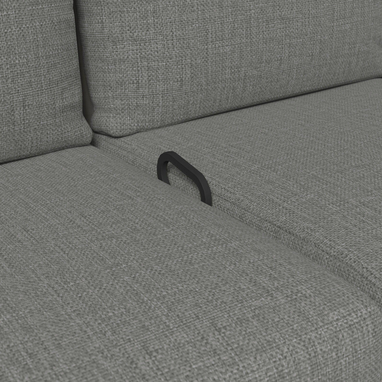 Nahaufnahme einer grauen Gartenbank mit Textilbezug, Detailansicht der Sitzfläche mit Griff.