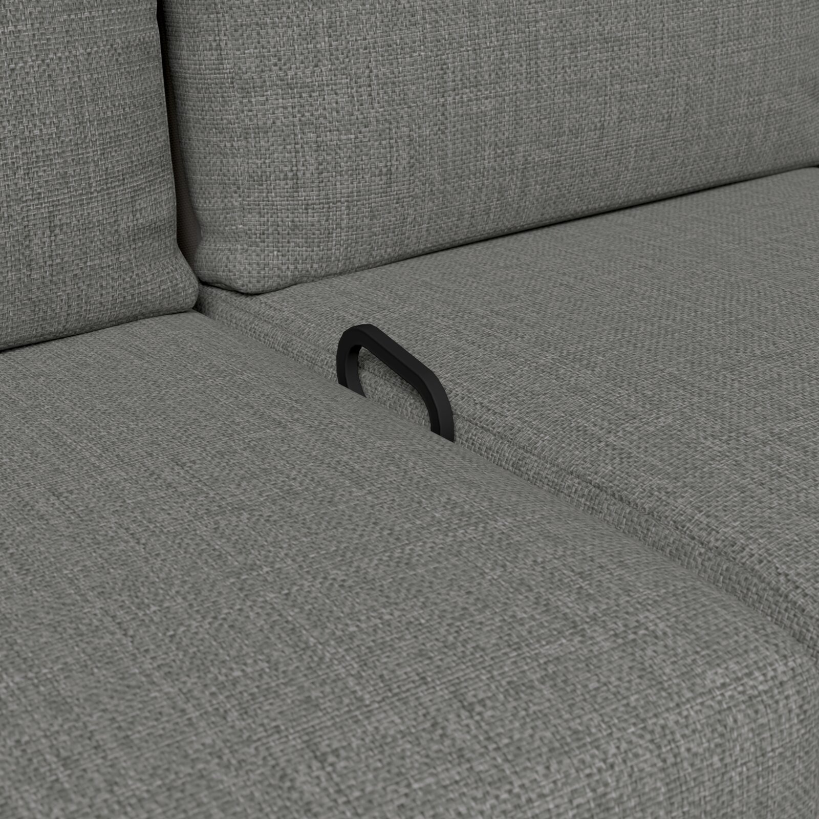 Close-up van een grijze tuinbank met stoffen bekleding, detailfoto van de zitting met handgreep.
