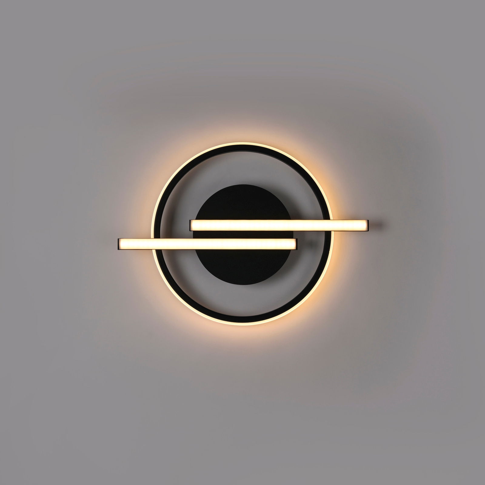 Moderne LED-Deckenleuchte mit kreisförmigem Design und zwei horizontalen Leuchtstreifen, Ansicht von vorne.