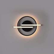 Moderne LED-Deckenleuchte mit kreisförmigem Design und zwei horizontalen Leuchtstreifen, Ansicht von vorne.