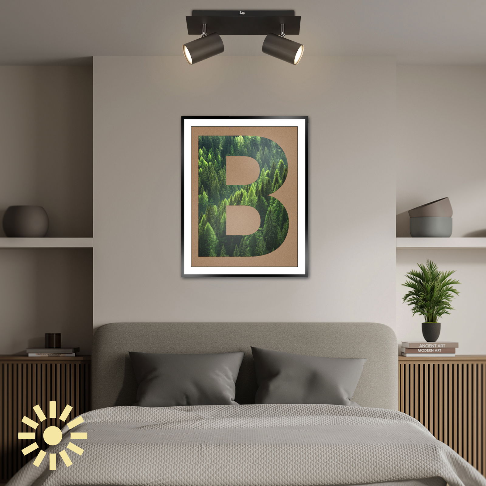 Briloner LED-Leuchtmittel 2er-Set BULB A LED-Leuchtmittel GU10 2er-Set in einem modernen Schlafzimmer, von unten betrachtet, mit einem stilvollen Wandbild und Pflanzen dekoriert.