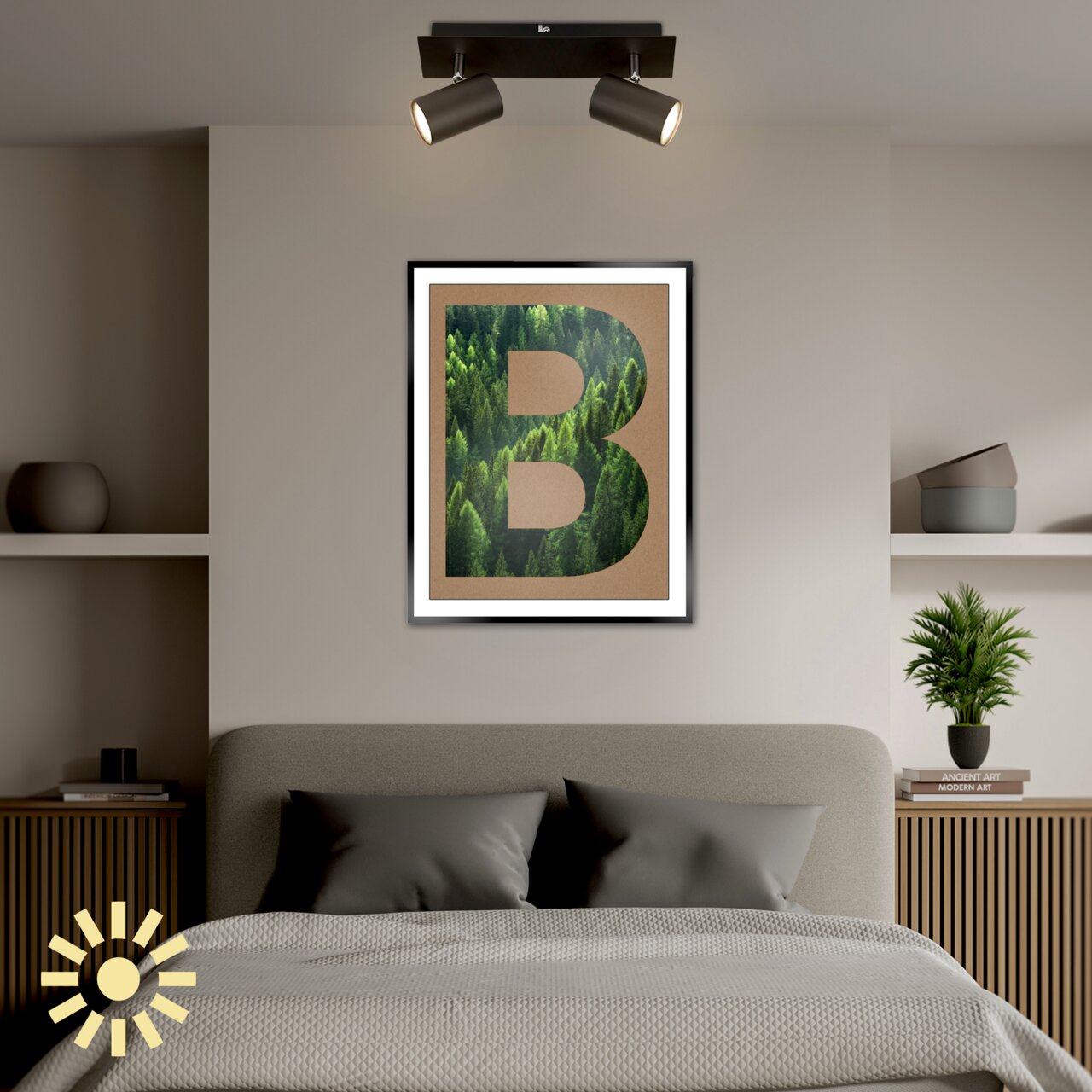 Briloner LED-Leuchtmittel 2er-Set BULB A LED-Leuchtmittel GU10 2er-Set in einem modernen Schlafzimmer, von unten betrachtet, mit einem stilvollen Wandbild und Pflanzen dekoriert.