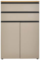 Moderner Aktenschrank in Beige mit schwarzen Akzenten, frontal fotografiert.
