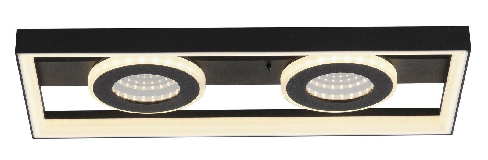 Moderne LED-Deckenleuchte mit zwei runden Lichtelementen in einem rechteckigen Rahmen, Ansicht von unten.