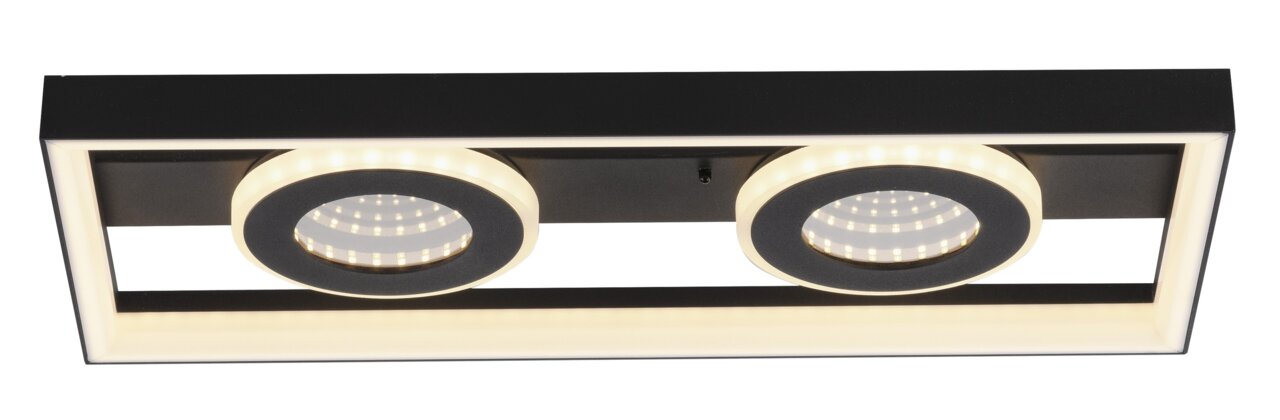 Moderne LED-Deckenleuchte mit zwei runden Lichtelementen in einem rechteckigen Rahmen, Ansicht von unten.