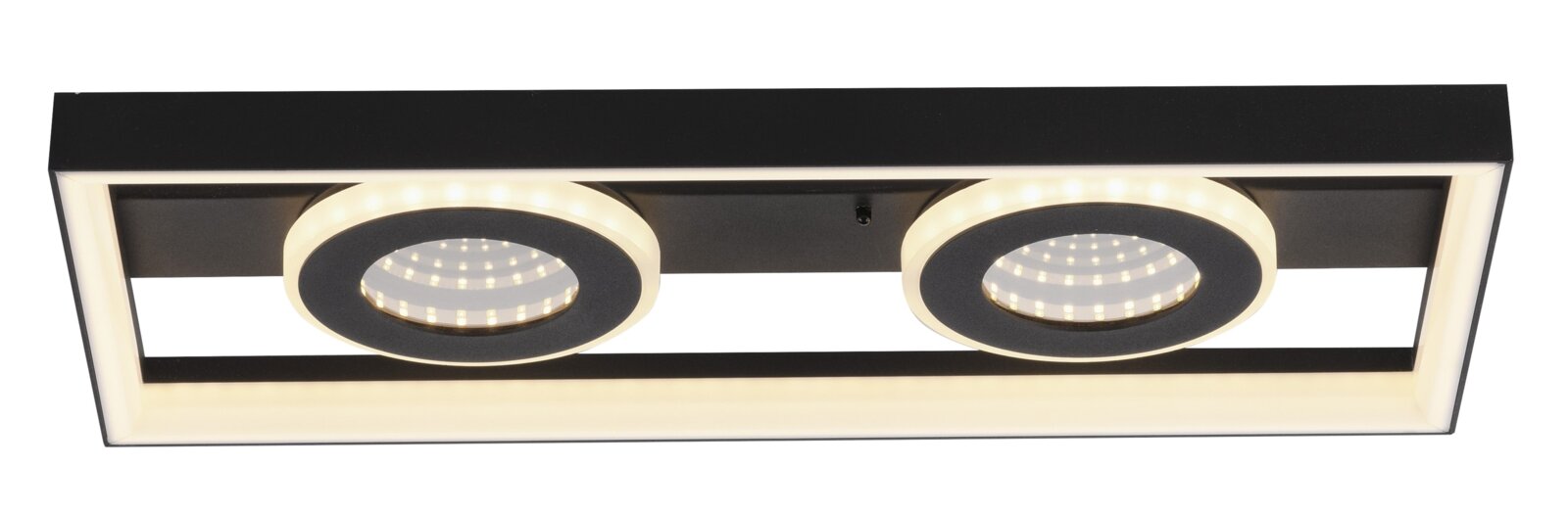 Moderne LED-Deckenleuchte mit zwei runden Lichtelementen in einem rechteckigen Rahmen, Ansicht von unten.