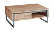 Rechteckiger Couchtisch aus Holz mit Metallrahmen, seitliche Perspektive