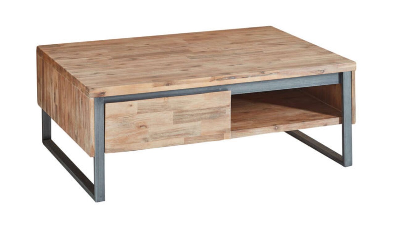 Rechteckiger Couchtisch aus Holz mit Metallrahmen, seitliche Perspektive