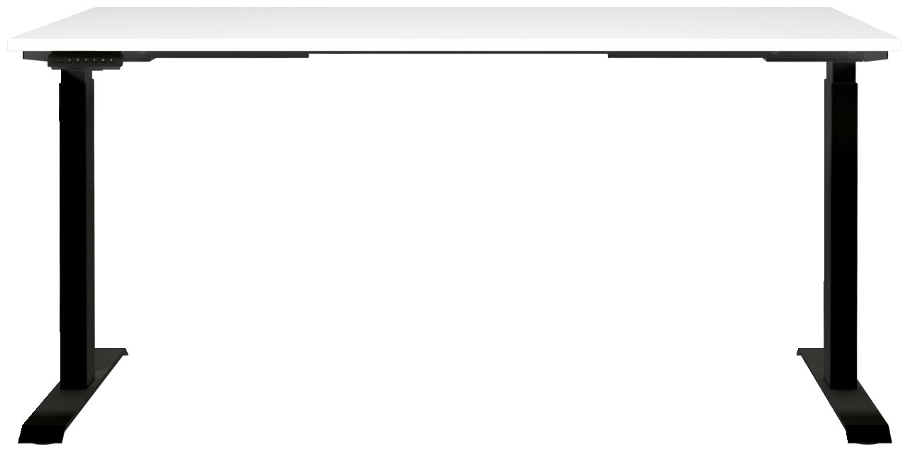 Elektrisch höhenverstellbarer Schreibtisch mit weißer Tischplatte und schwarzen Beinen, Frontalansicht