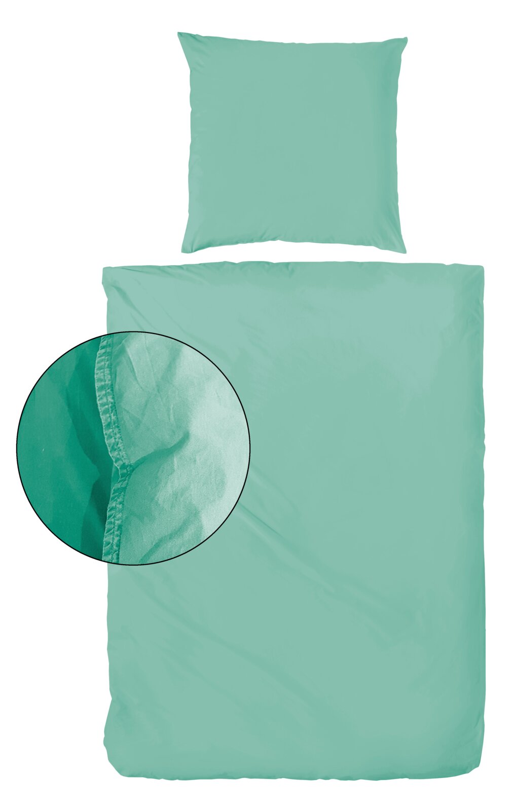 Primera Renforce Bettwäsche 135/200cm Einfarbige Bettwäsche in Mintgrün mit Kissenbezug und Deckenbezug, Ansicht von oben (Flatlay) auf weißem Hintergrund, mit Detailaufnahme der Naht