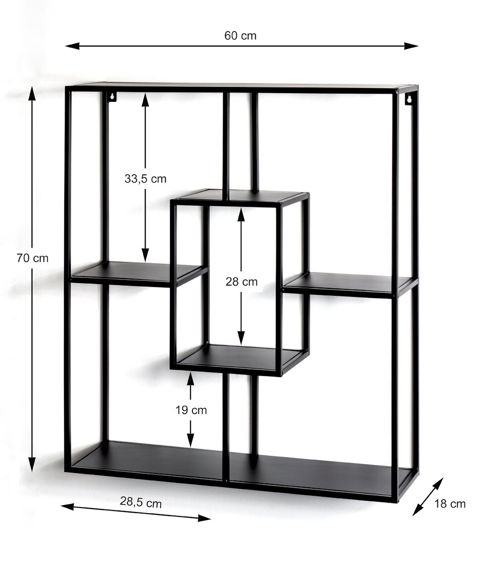 Schwarzes, geometrisches Wandregal aus Metall mit mehreren Ablagen (60 x 70 x 18 cm), Frontansicht mit Maßangaben.