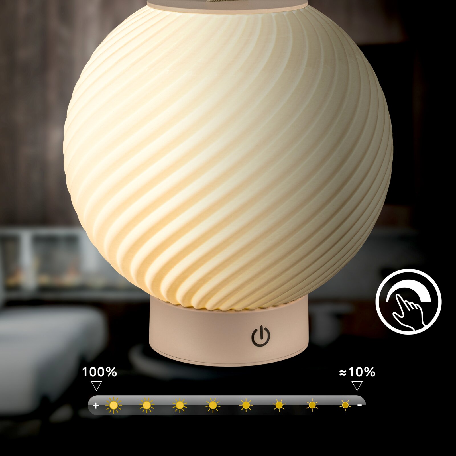 Leuchtende, kugelförmige Tischlampe mit geriffeltem Lampenschirm in Warmweiß und Touch-Ein/Aus-Symbol am Sockel, Nahaufnahme aus frontaler Perspektive