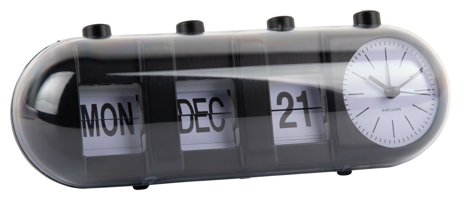 Tischuhr mit Kalenderfunktion, zeigt Montag, Dezember 21 und eine analoge Uhrzeit an, seitliche Perspektive