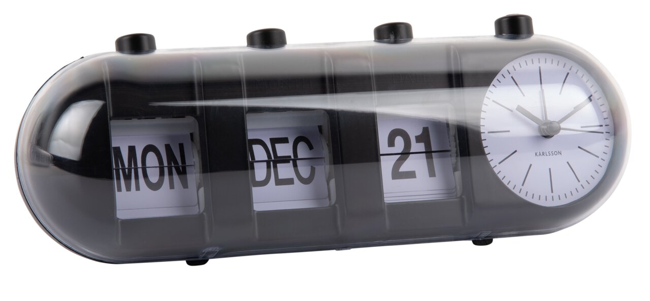 Tischuhr mit Kalenderfunktion, zeigt Montag, Dezember 21 und eine analoge Uhrzeit an, seitliche Perspektive