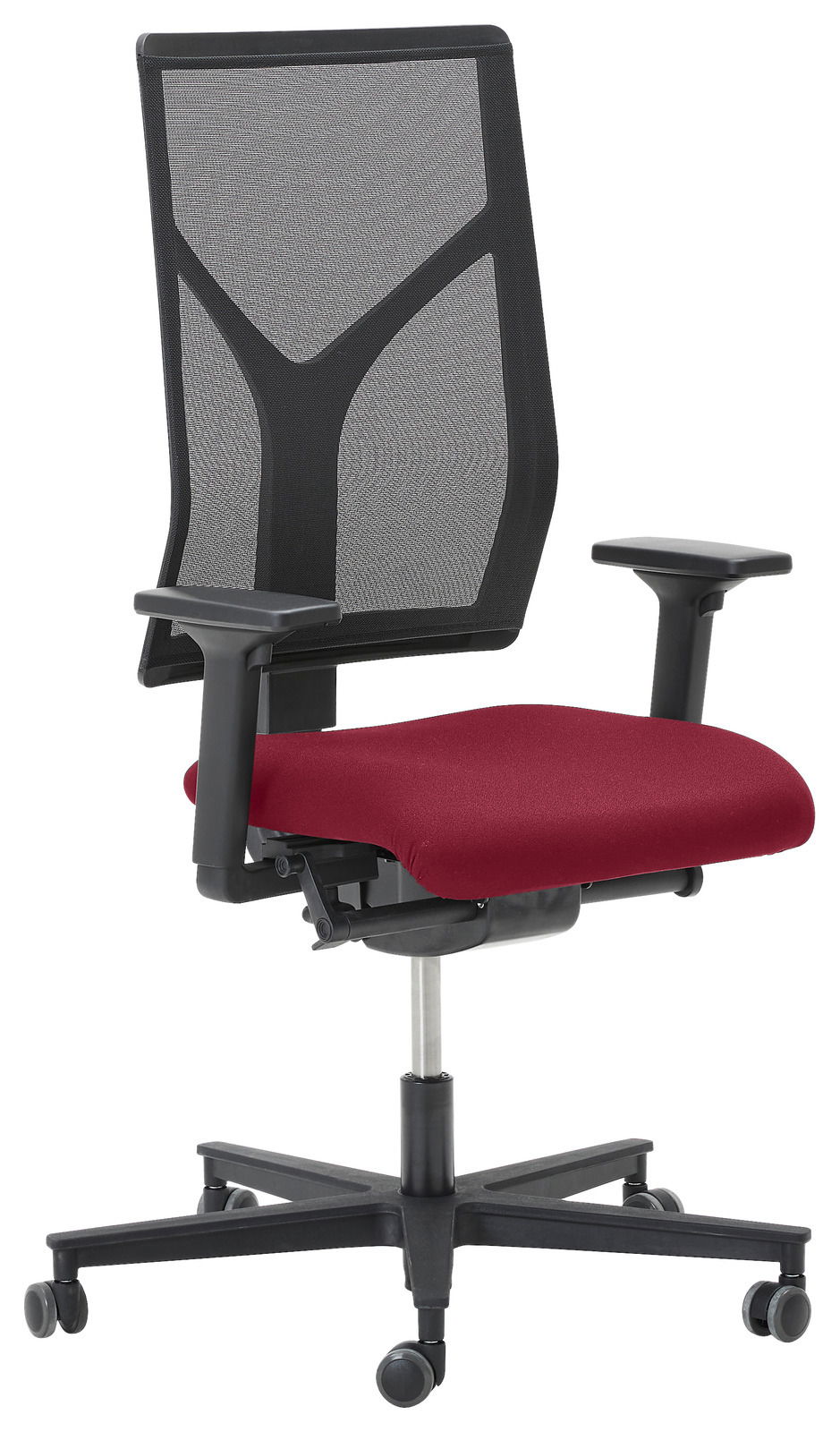 Ergonomischer Drehstuhl mit rotem Sitzpolster und schwarzer Netzrückenlehne, seitliche Perspektive