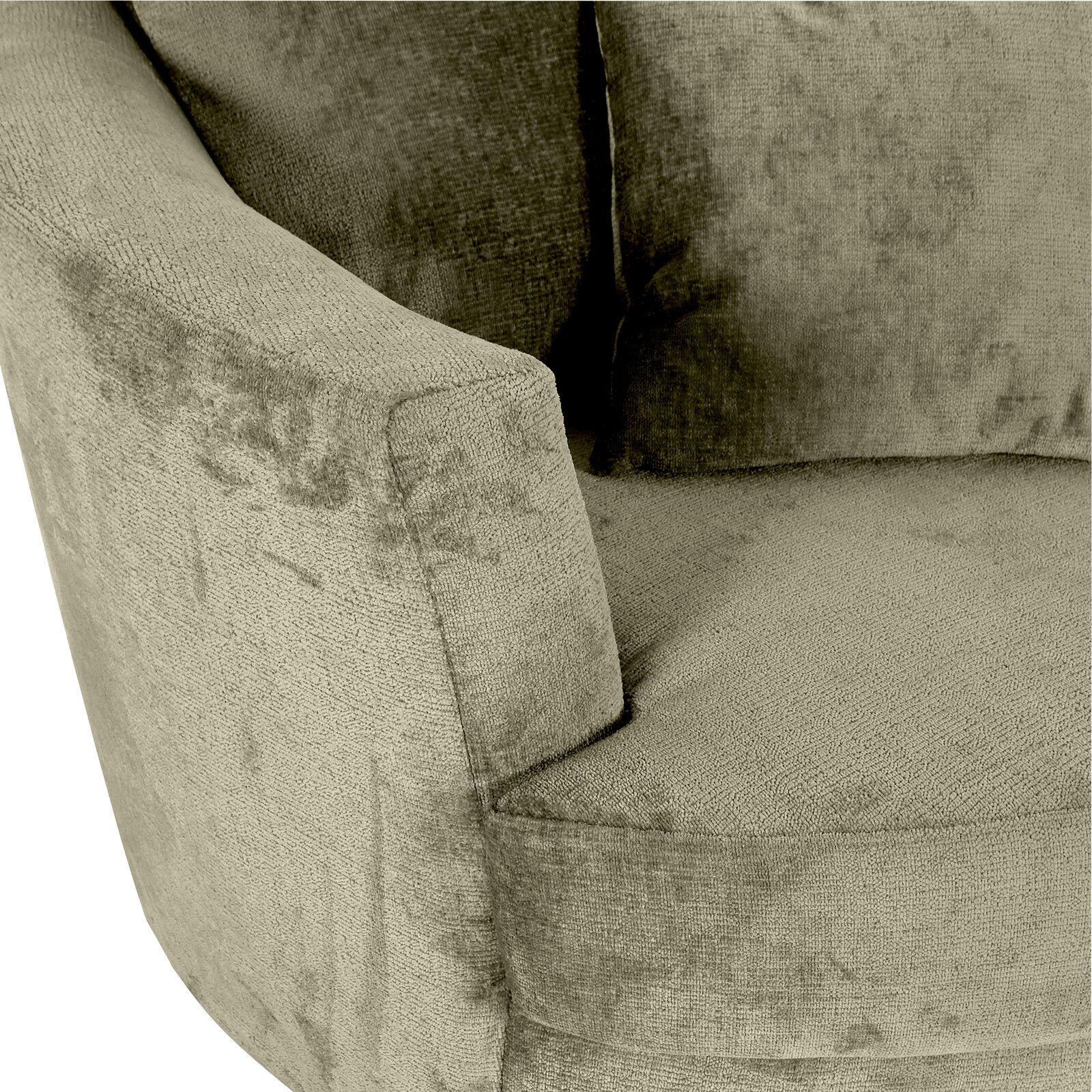 Nahaufnahme eines Sessels mit weichem, strukturiertem Stoffbezug in einer neutralen Farbe, Ansicht von der Seite.