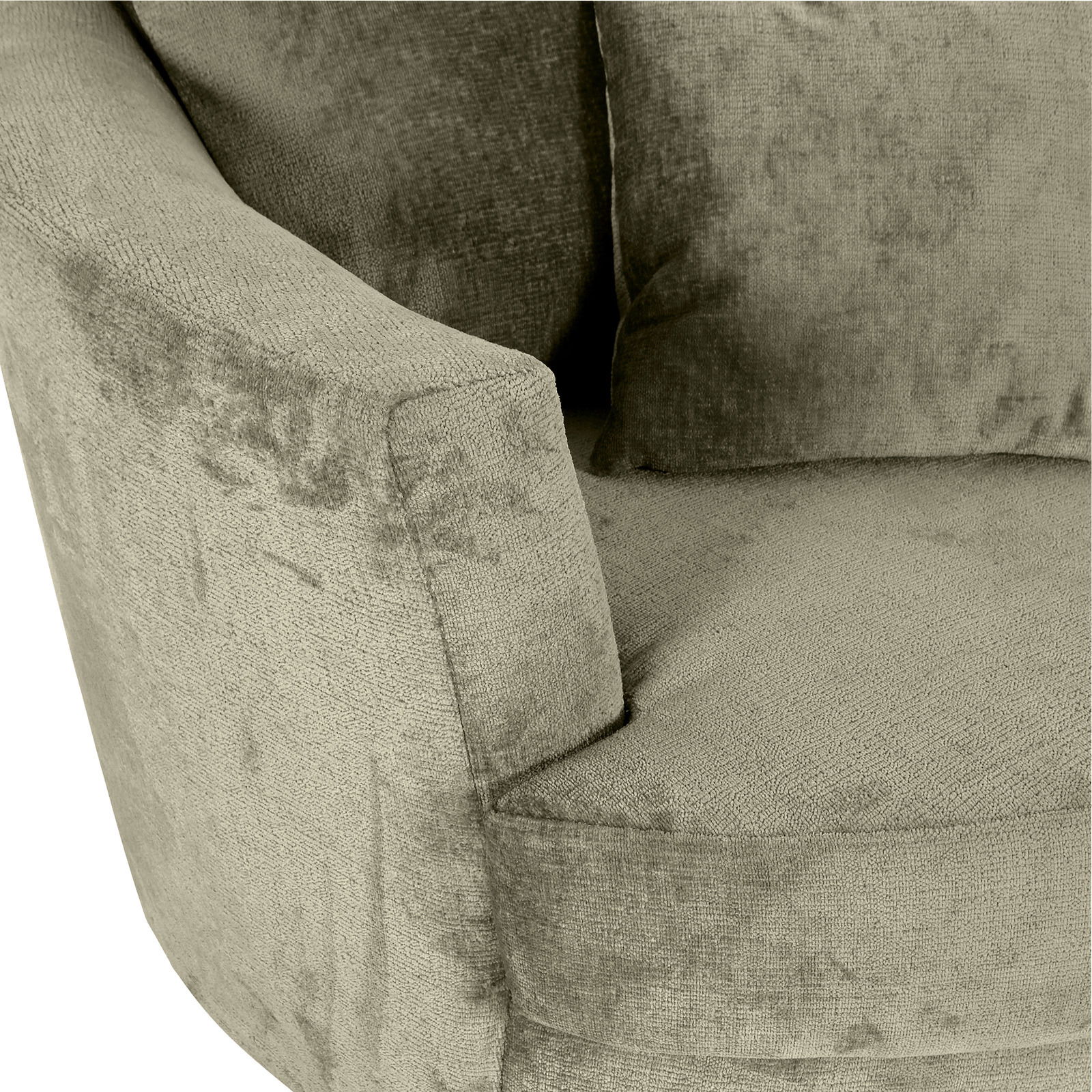 Nahaufnahme eines Sessels mit weichem, strukturiertem Stoffbezug in einer neutralen Farbe, Ansicht von der Seite.