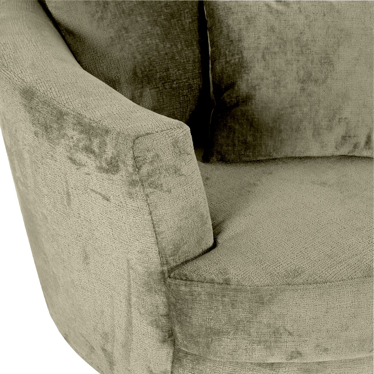 Nahaufnahme eines Sessels mit weichem, strukturiertem Stoffbezug in einer neutralen Farbe, Ansicht von der Seite.