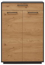 Schuhhochkommode aus Holz mit zwei Türen und einer Schublade, frontal fotografiert.