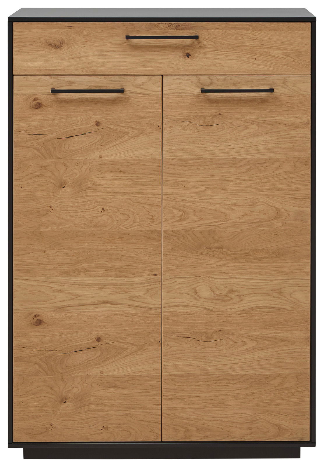 Schuhhochkommode aus Holz mit zwei Türen und einer Schublade, frontal fotografiert.