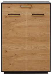 Schuhhochkommode aus Holz mit zwei Türen und einer Schublade, frontal fotografiert.