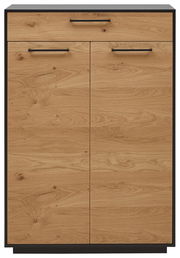 Schuhhochkommode aus Holz mit zwei Türen und einer Schublade, frontal fotografiert.