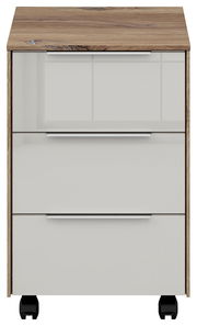 Frontansicht eines Voleo Rollcontainers NEVADA mit drei Schubladen, Holzoptik-Oberfläche und weißen Fronten auf Rollen.