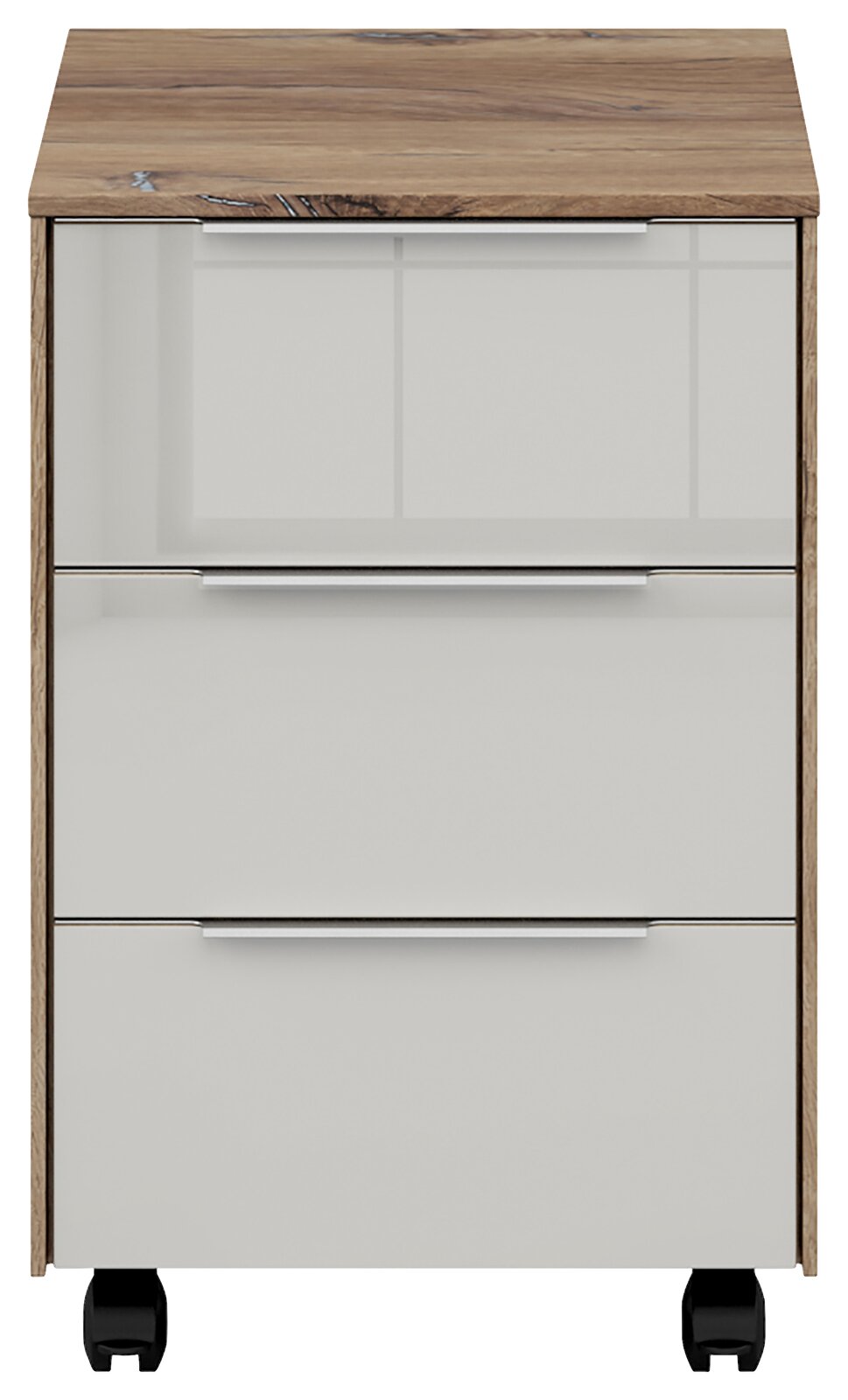 Frontansicht eines Voleo Rollcontainers NEVADA mit drei Schubladen, Holzoptik-Oberfläche und weißen Fronten auf Rollen.