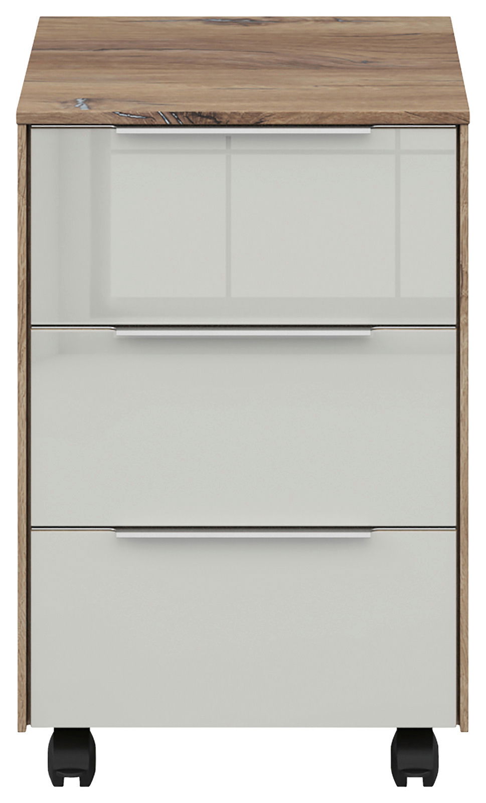 Frontansicht eines Voleo Rollcontainers NEVADA mit drei Schubladen, Holzoptik-Oberfläche und weißen Fronten auf Rollen.