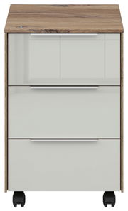 Frontansicht eines Voleo Rollcontainers NEVADA mit drei Schubladen, Holzoptik-Oberfläche und weißen Fronten auf Rollen.