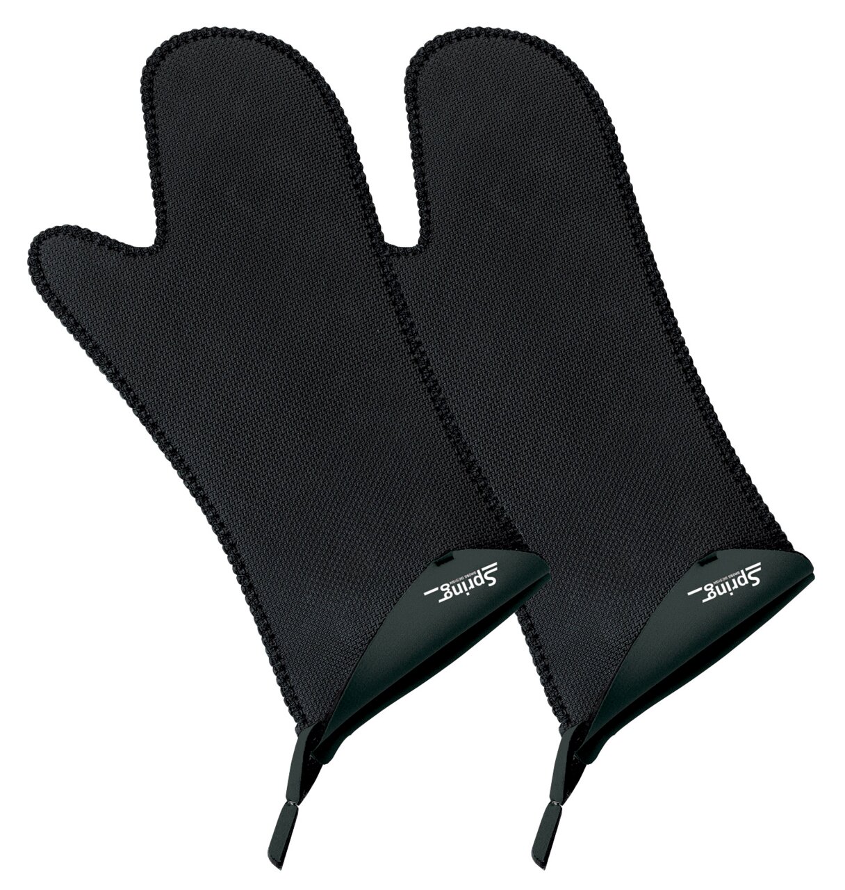 Zwei lange schwarze Handschuhe aus einem strukturierten Material, von oben betrachtet.