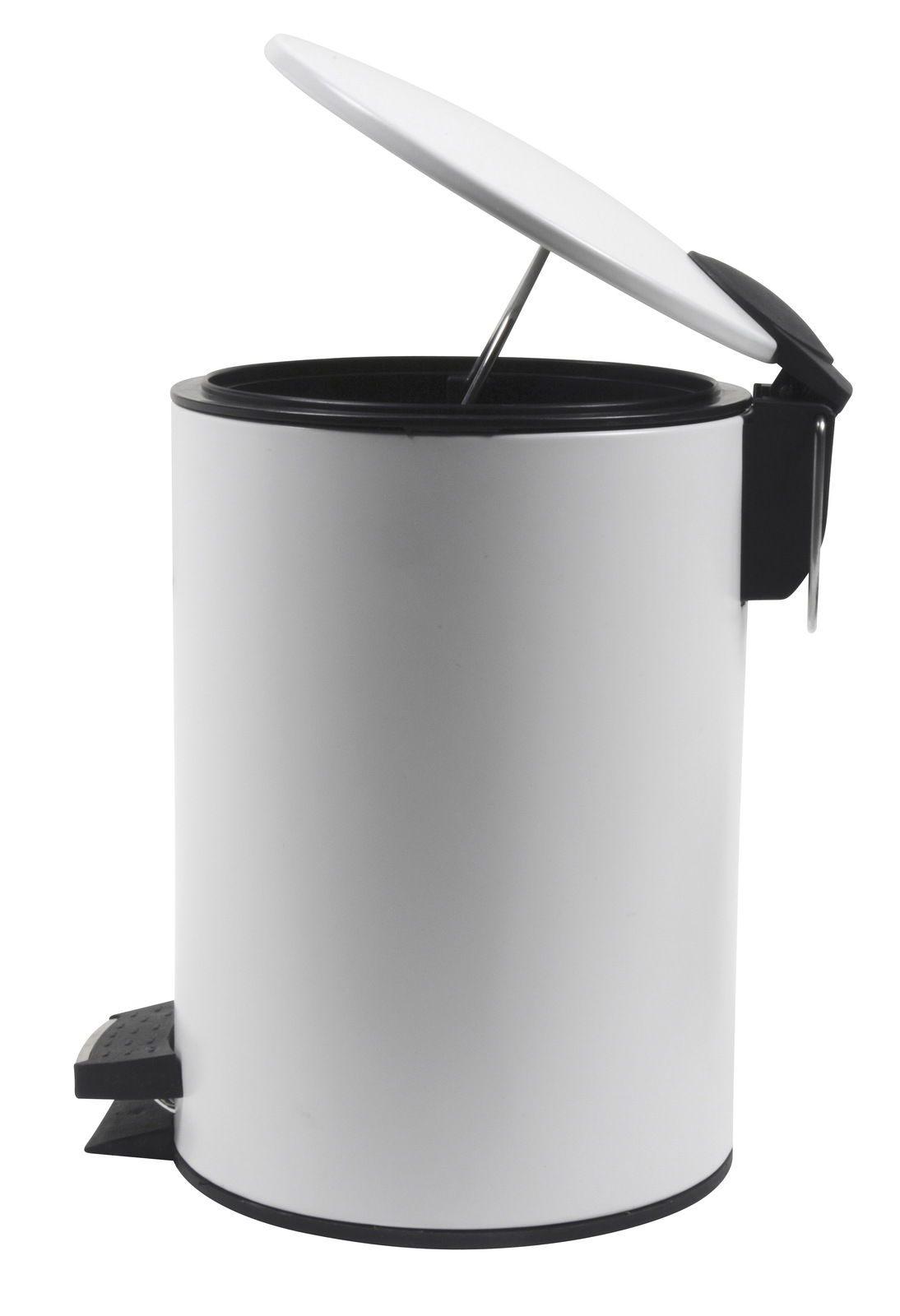 Weißer Treteimer mit einem Fassungsvermögen von 3 Litern, geöffnet, seitliche Perspektive
