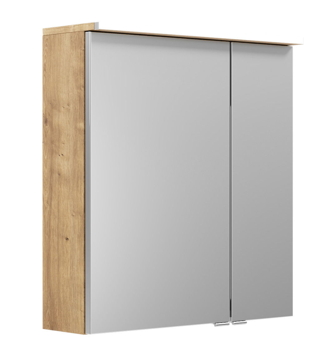 Spiegelschrank mit Holzseitenansicht, zwei Türen, seitliche Perspektive