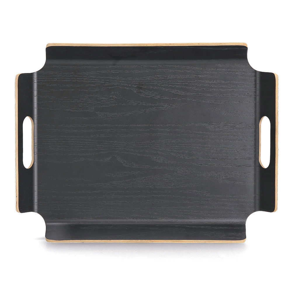 Schwarzes Serviertablett aus Holz mit seitlichen Griffen, Draufsicht