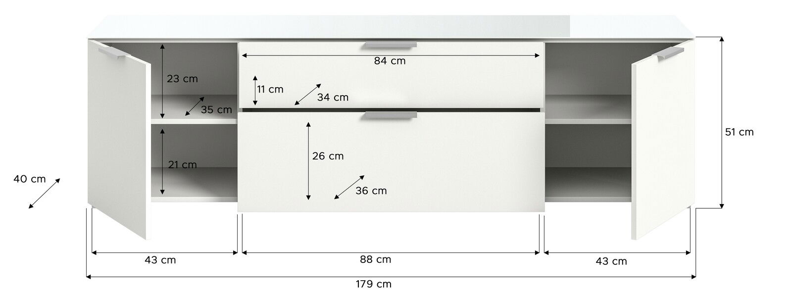 Weiße Kommode mit zwei offenen Türen und zwei Schubladen, frontal betrachtet. Maße: 179 cm Breite, 51 cm Höhe, 40 cm Tiefe.