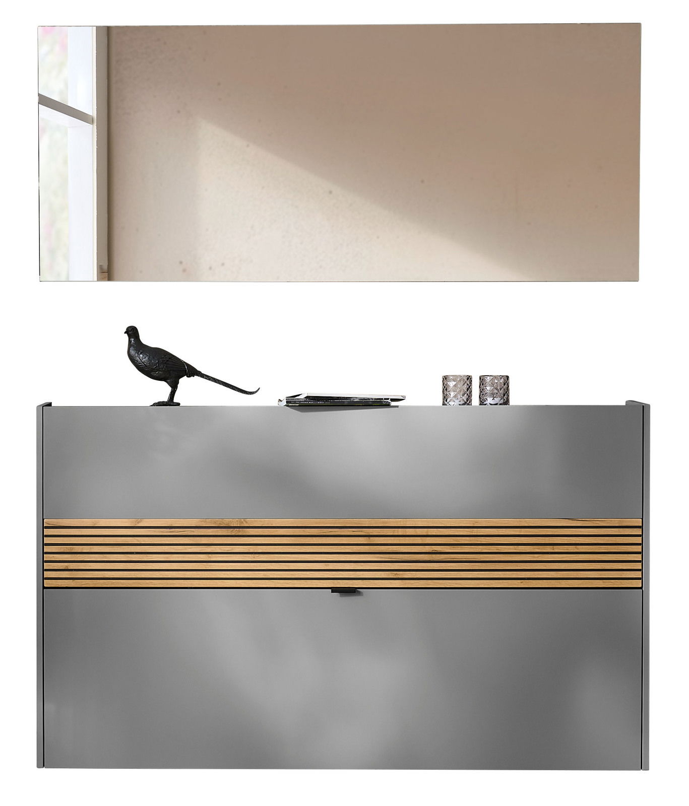Voleo Garderobeset RIO Garderoben-Set in Graphit mit modernem Design, bestehend aus einem großen Spiegel und einer Kommode mit Holzstreifen, frontal abgebildet.