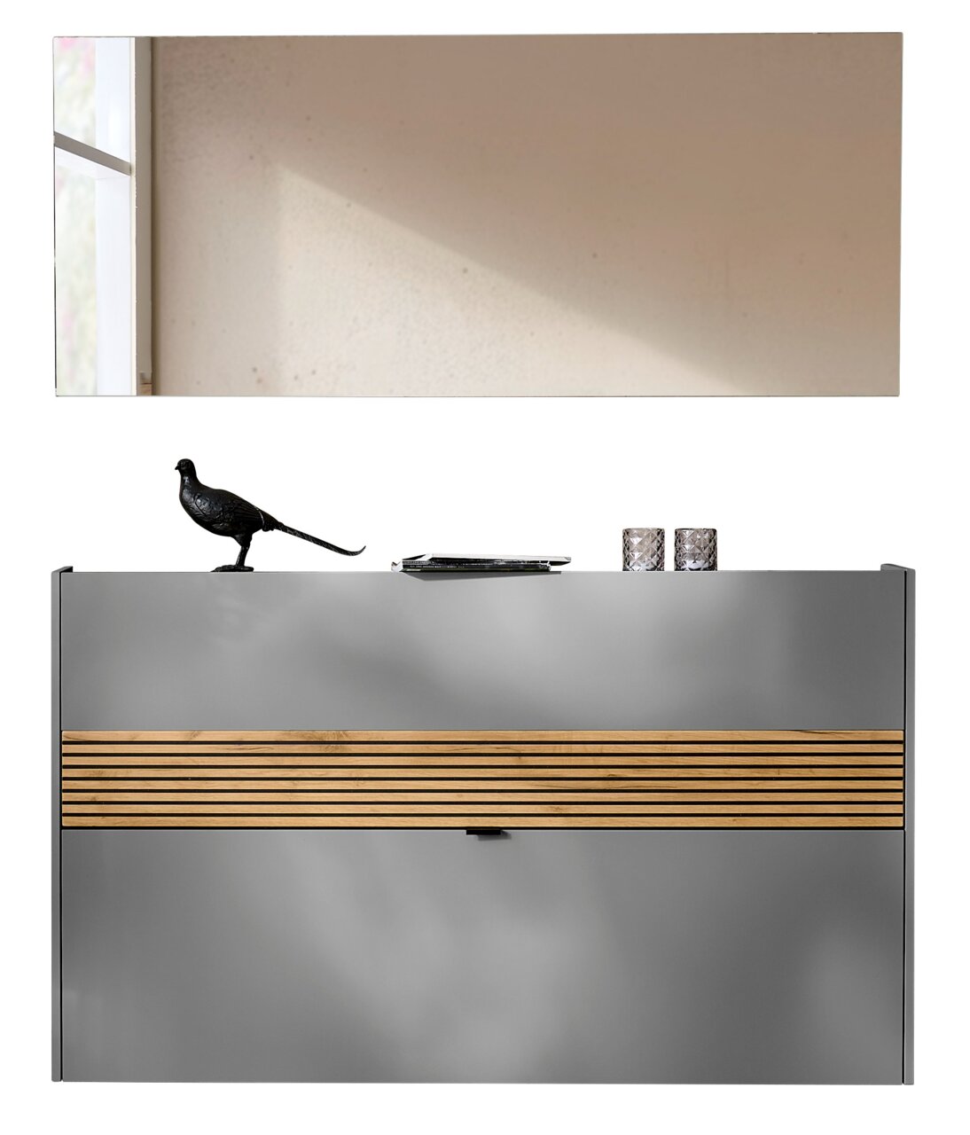 Garderoben-Set in Graphit mit modernem Design, bestehend aus einem großen Spiegel und einer Kommode mit Holzstreifen, frontal abgebildet.