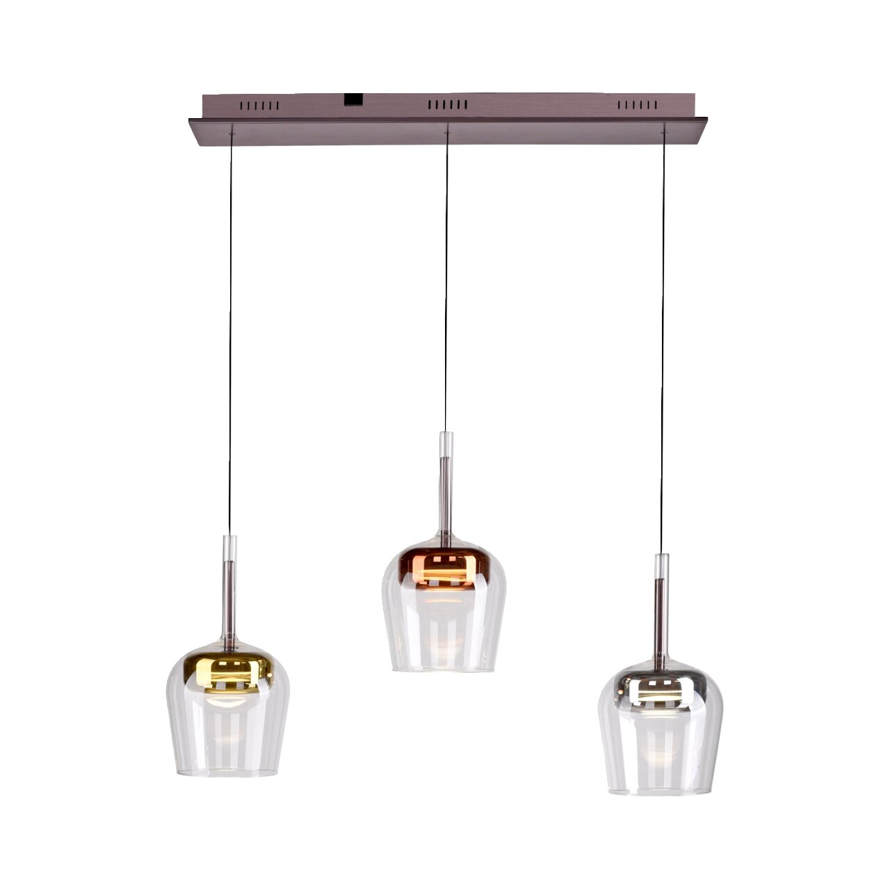 Dreiflammige Pendelleuchte Q-KON mit klaren und metallisch glänzenden Glasschirmen, Ansicht von vorne