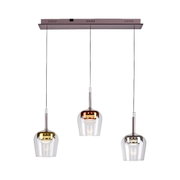 Q-KON hanglamp met drie lampen en heldere, glanzend metalen glazen kappen, vooraanzicht