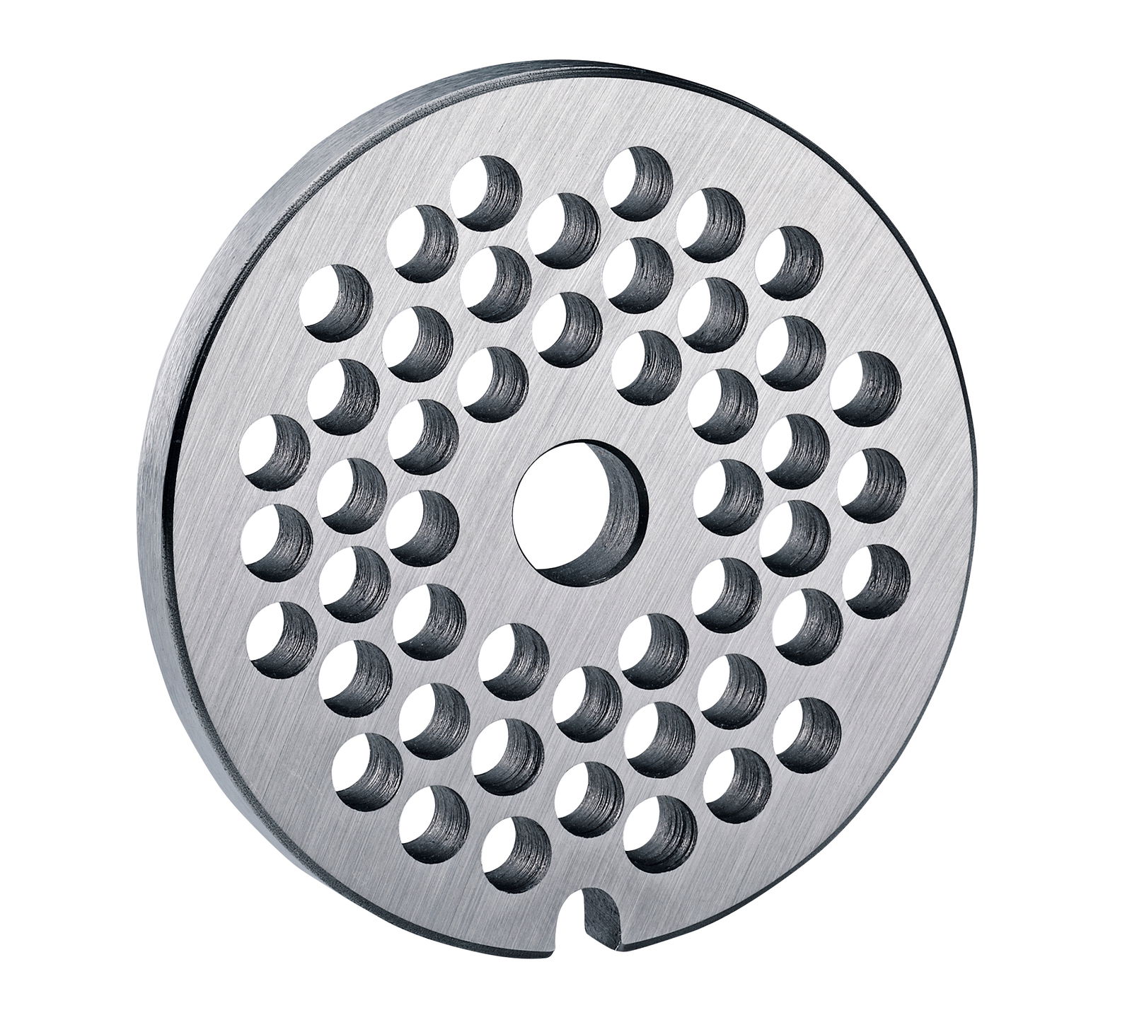 Runde Lochscheibe aus Metall für Fleischwolf, seitliche Perspektive