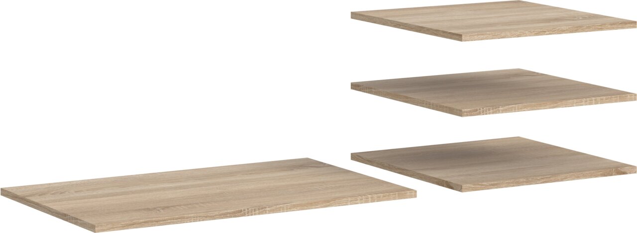 Vier rechteckige Holzplatten in heller Eichenoptik, freigestellt auf weißem Hintergrund, in schräger Perspektive von oben gezeigt.