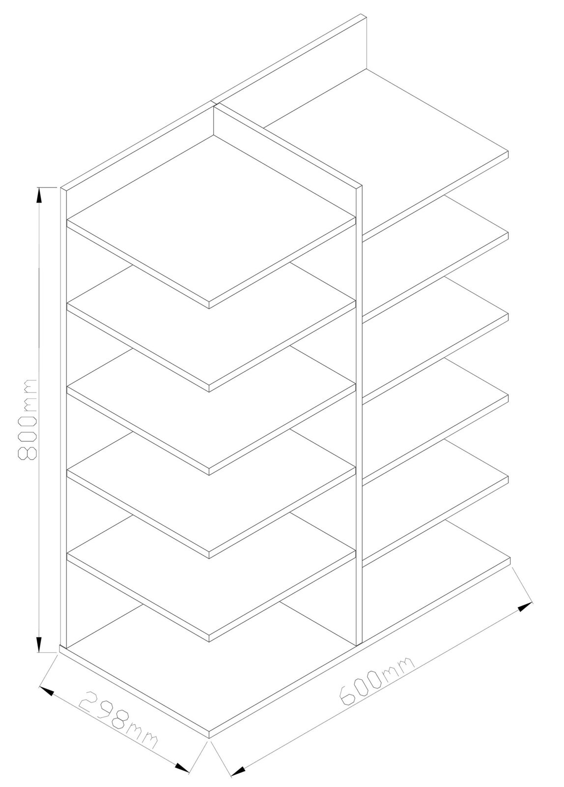 Technische isometrische Zeichnung eines offenen, zweigeteilten Regalsystems mit mehreren Ablageböden, Maße ca. 800 mm Höhe, 600 mm Breite und 588 mm Tiefe, dargestellt aus schräger Vorderansicht (Perspektive von oben).