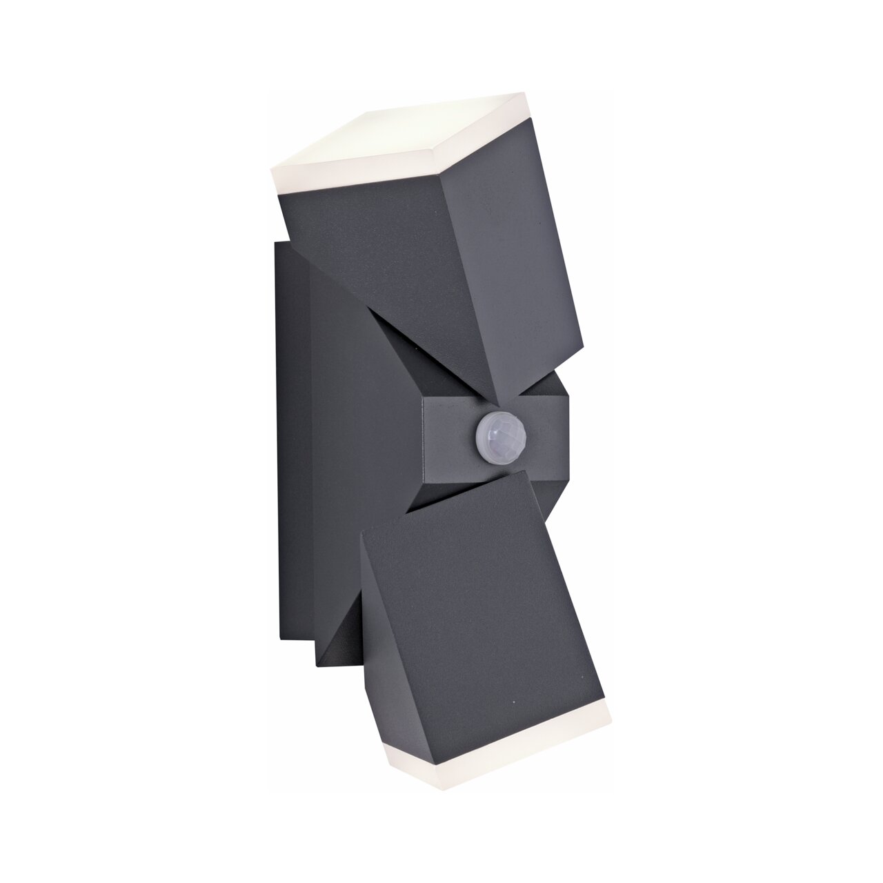 Anthrazitfarbene Wand- und Deckenleuchte mit modernem, geometrischem Design, seitliche Perspektive