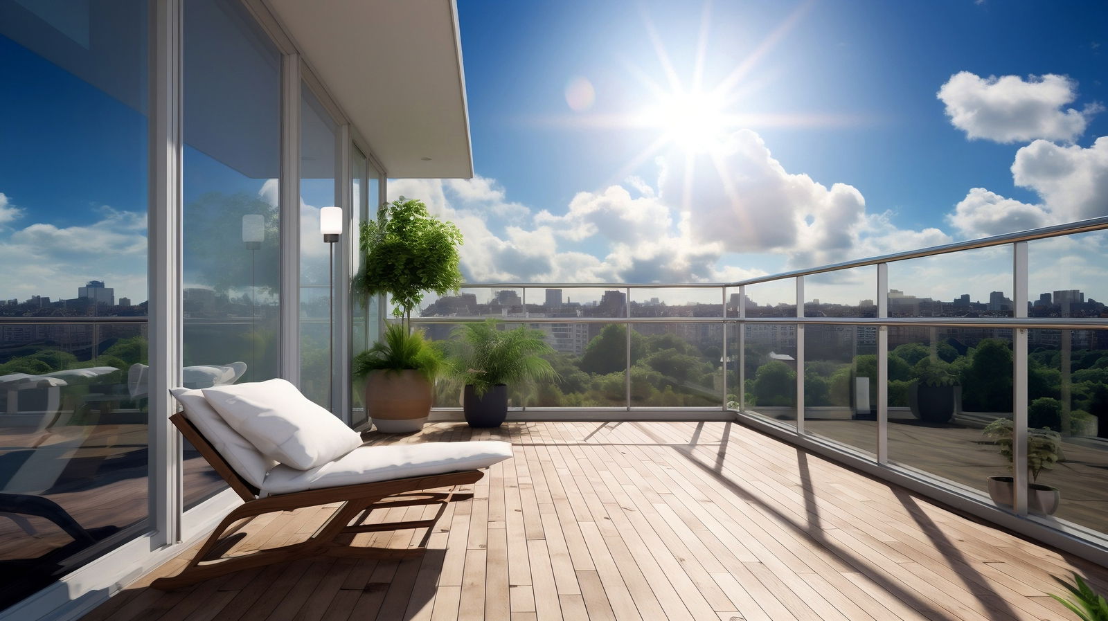 Sonnige Terrasse mit Liegestuhl, Pflanzen und Blick auf die Stadt aus der Perspektive eines Betrachters, der auf die Terrasse schaut.