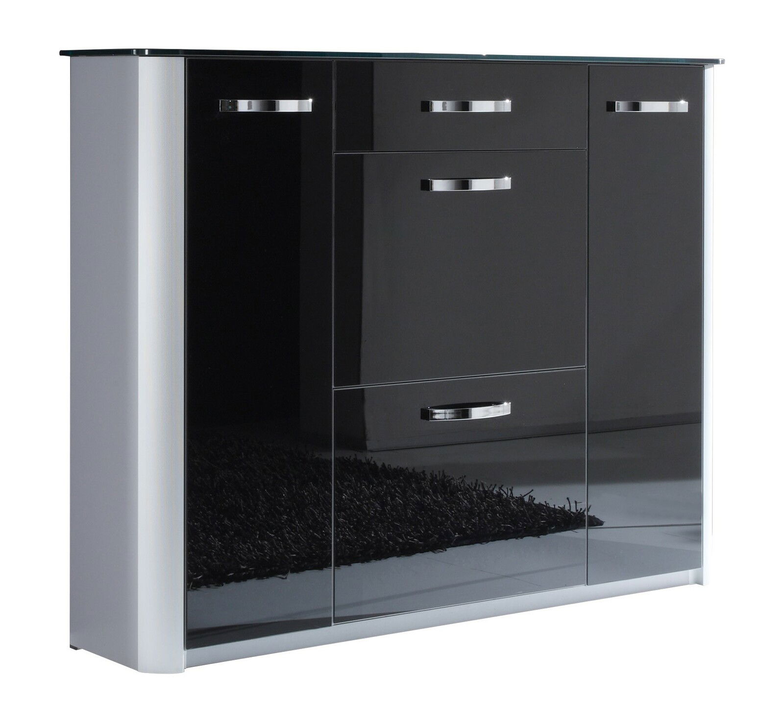 Moderano XL-Schuhschrank MILANO Moderner XL-Schuhschrank in Hochglanz-Schwarz mit silbernen Griffen, seitliche Perspektive