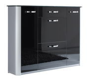 Moderner XL-Schuhschrank in Hochglanz-Schwarz mit silbernen Griffen, seitliche Perspektive