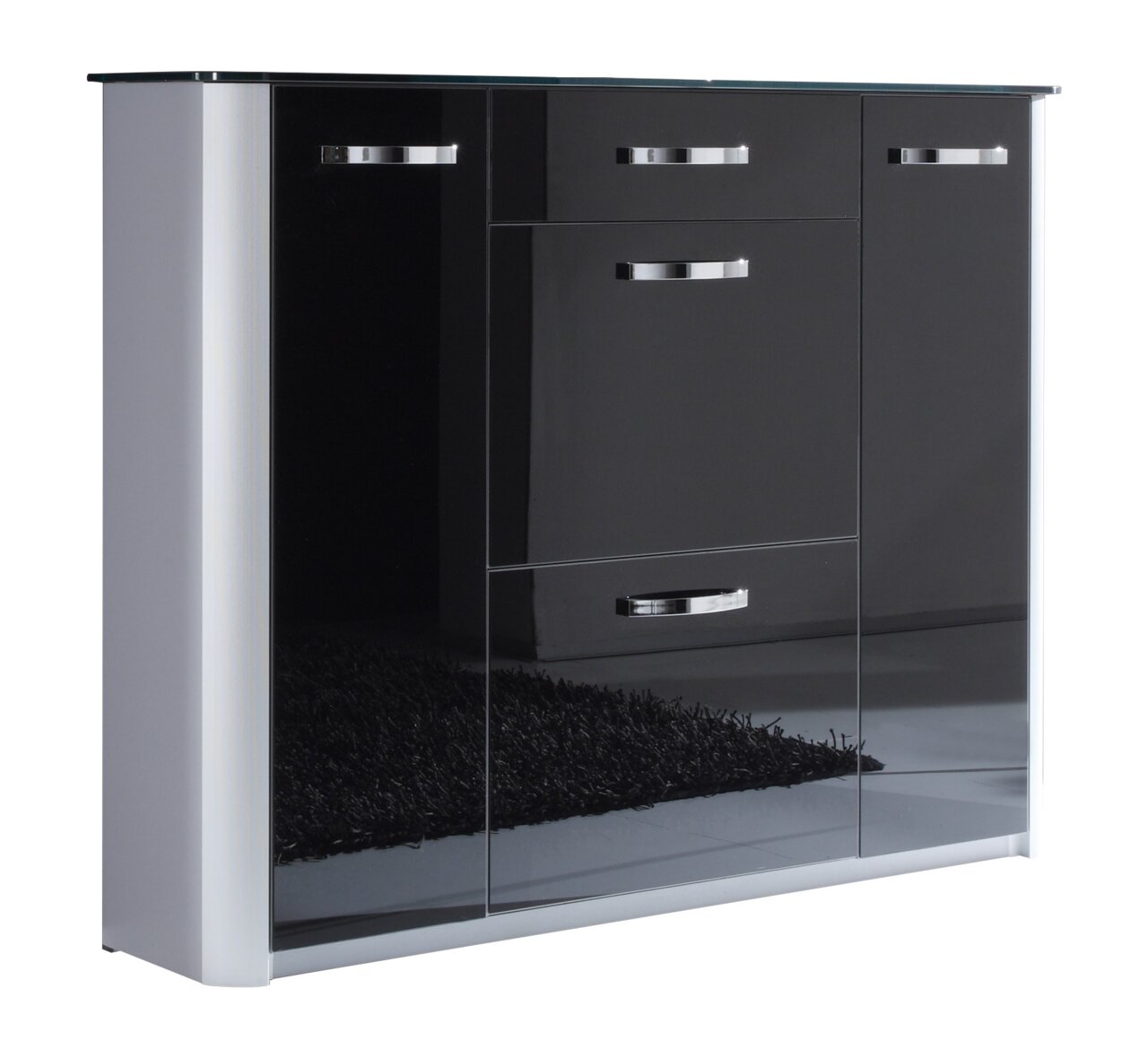 Moderano XL-schoenenkast MILANO Moderner XL-Schuhschrank in Hochglanz-Schwarz mit silbernen Griffen, seitliche Perspektive