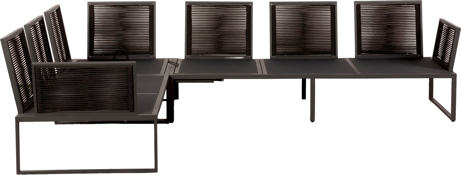 Schwarzes, modulares Outdoor-Lounge-Set mit verstellbaren Lamellen-Rückenlehnen und rechteckigen Sitzflächen, gezeigt in frontaler Seitenansicht auf weißem Hintergrund.